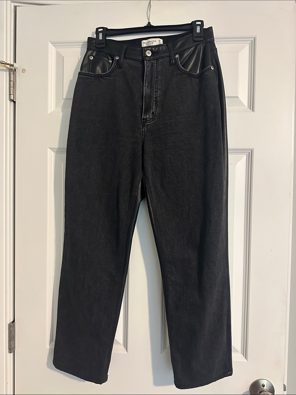 Abercrombie & Fitch Black Straight-Leg Jeans with Faux Leather Trim